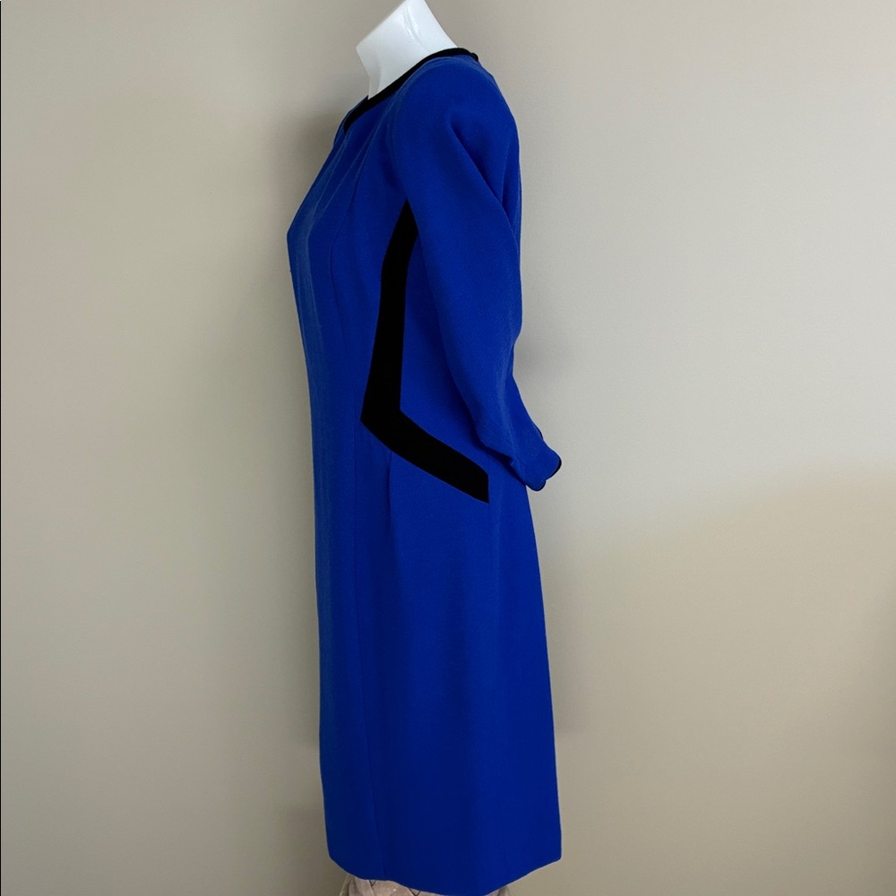 Elegant Blue Long Sleeve Dress; 100% Wool Crepe Midi Sheath Dress; Lined; Sz:16 - Picture 3 of 10